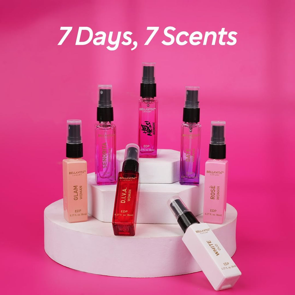 Bellavita Luxury Women's Perfume Discovery Gift Set with Date, Glam, Diva, Rose, Hot Mess, White Oud, and Senorita | 7 X 8ml | Floral, Fresh, Fruity Scent Profile | Mother's Day Present