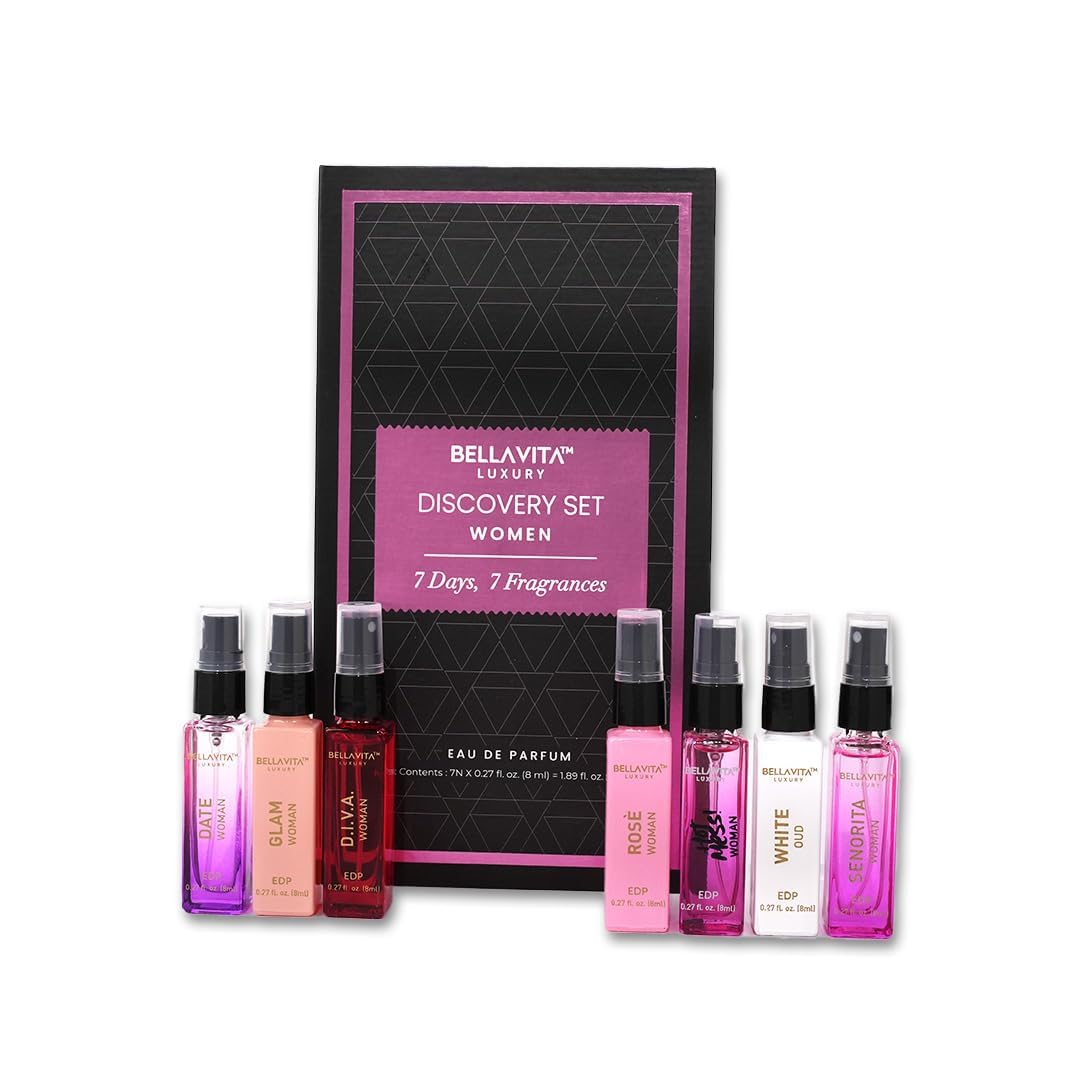 Bellavita Luxury Women's Perfume Discovery Gift Set with Date, Glam, Diva, Rose, Hot Mess, White Oud, and Senorita | 7 X 8ml | Floral, Fresh, Fruity Scent Profile | Mother's Day Present