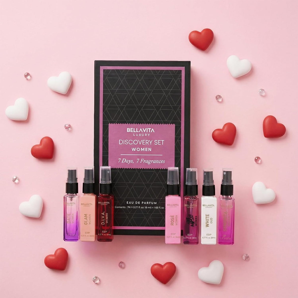 Bellavita Luxury Women's Perfume Discovery Gift Set with Date, Glam, Diva, Rose, Hot Mess, White Oud, and Senorita | 7 X 8ml | Floral, Fresh, Fruity Scent Profile | Mother's Day Present