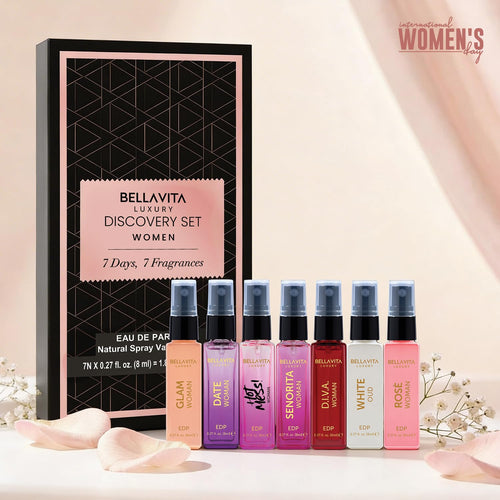 Bellavita Luxury Women's Perfume Discovery Gift Set with Date, Glam, Diva, Rose, Hot Mess, White Oud, and Senorita | 7 X 8ml | Floral, Fresh, Fruity Scent Profile | Mother's Day Present
