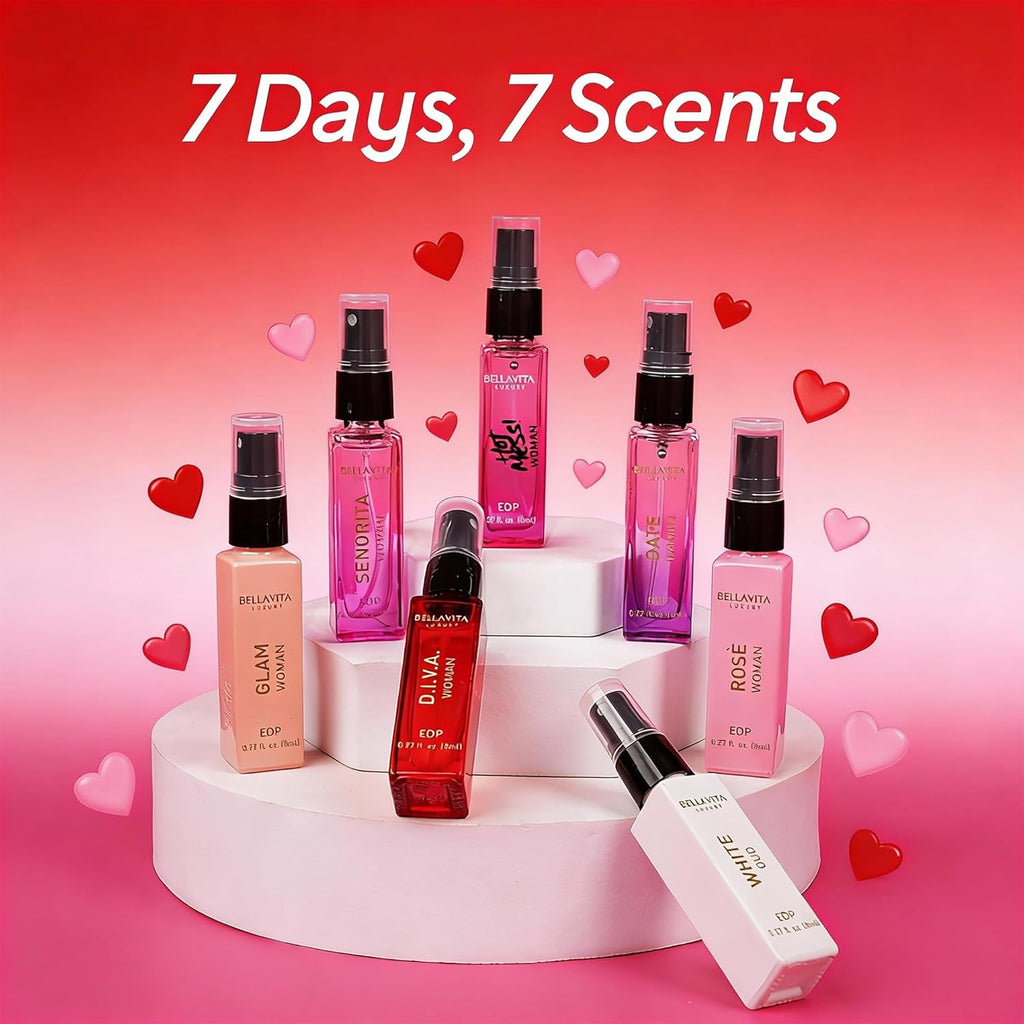 Bellavita Luxury Women's Perfume Discovery Gift Set with Date, Glam, Diva, Rose, Hot Mess, White Oud, and Senorita | 7 X 8ml | Floral, Fresh, Fruity Scent Profile | Mother's Day Present