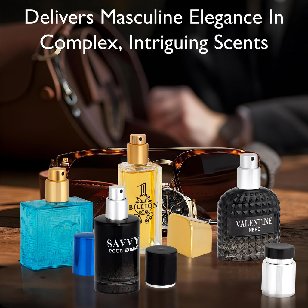 Signature Scent 4-Piece Mini Fragrance Set for Men Includes Savvy/1 Billion/Verse/Valentine Collection of Woody, Spicy, Citrus & Aromatic Fragrance Non-Irritating Ingredient Each One in 30ml Bottle