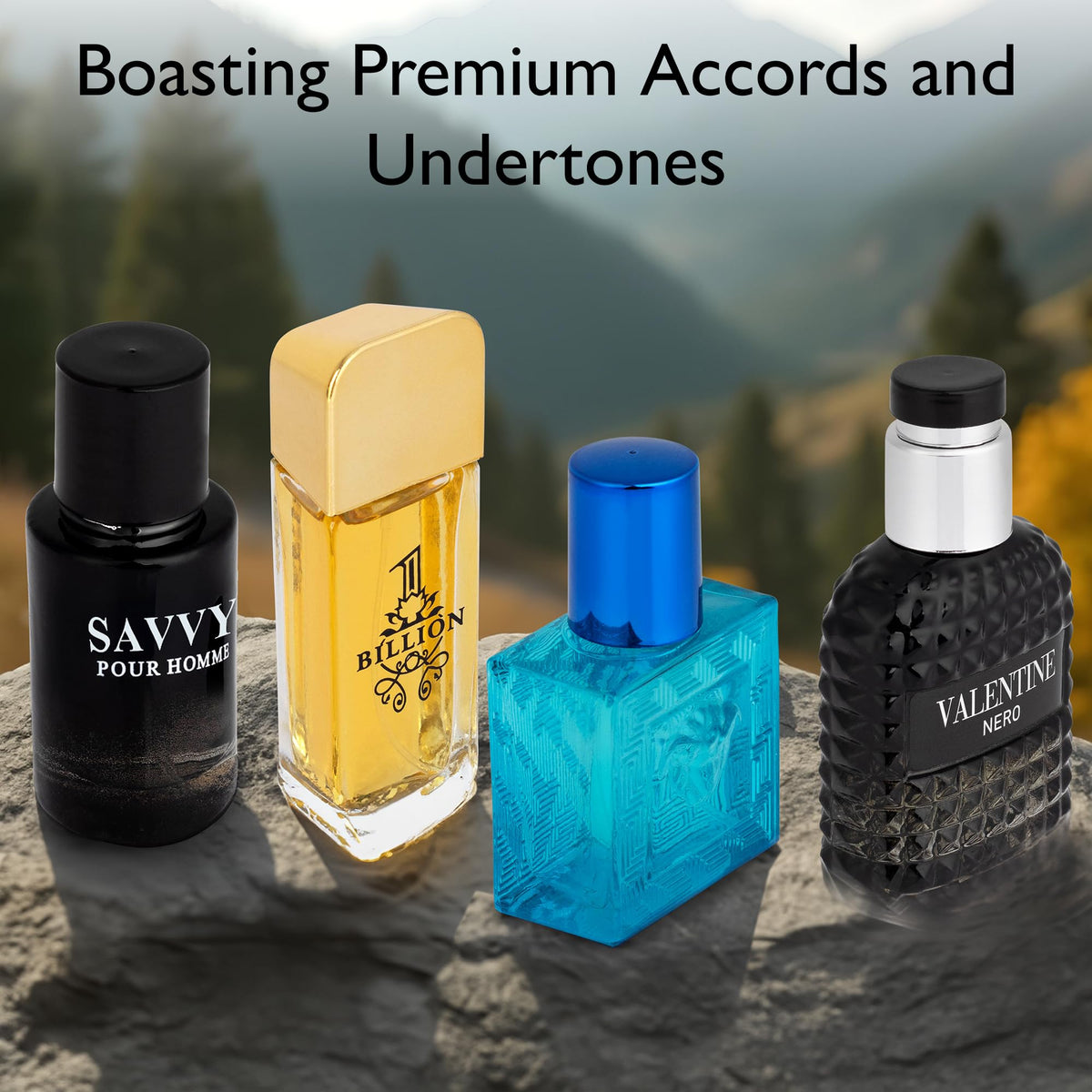 Signature Scent 4-Piece Mini Fragrance Set for Men Includes Savvy/1 Billion/Verse/Valentine Collection of Woody, Spicy, Citrus & Aromatic Fragrance Non-Irritating Ingredient Each One in 30ml Bottle
