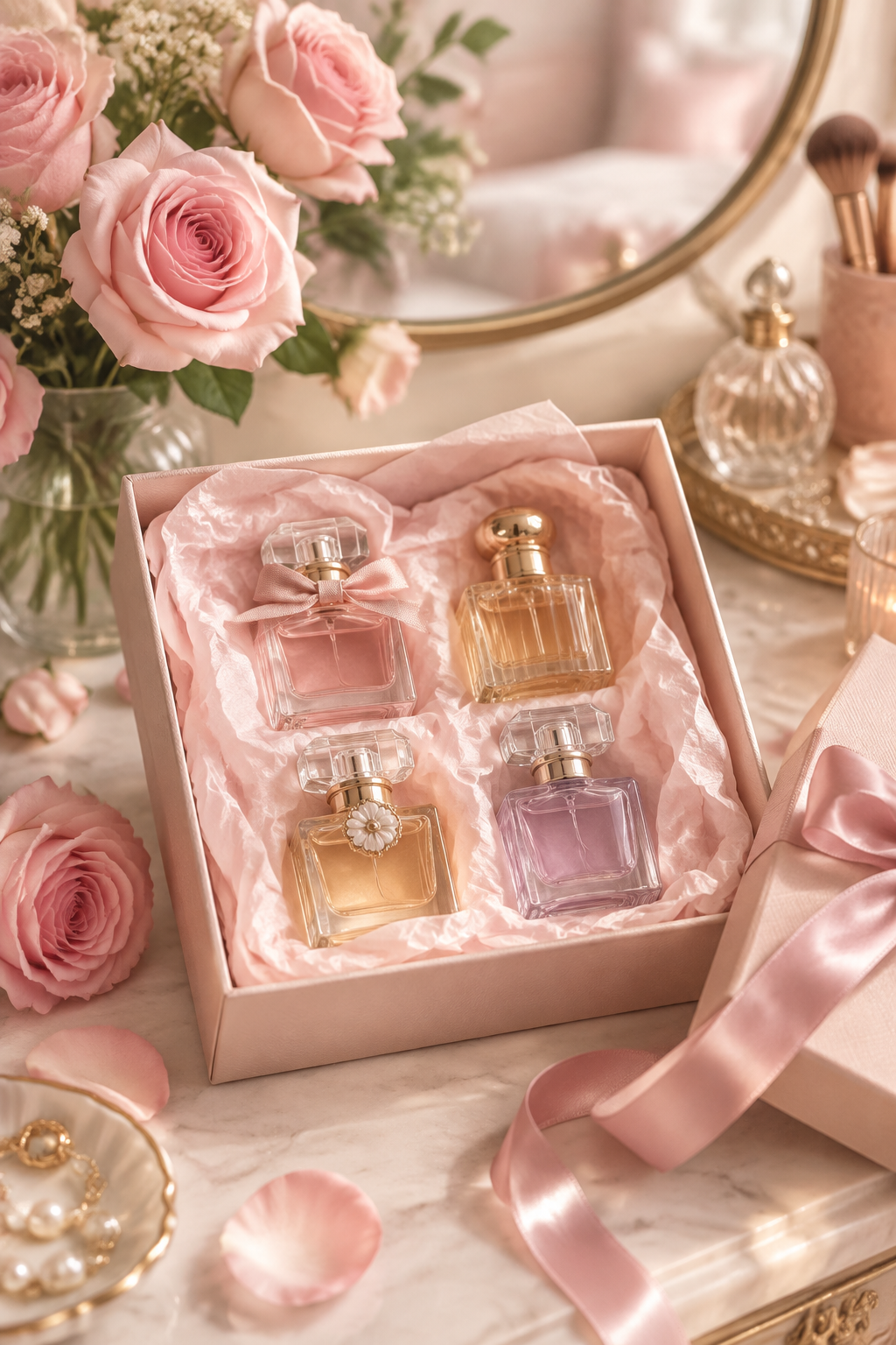 Lattafa My Yara 4-piece perfume gift set with four bottles on a feminine vanity with pink roses